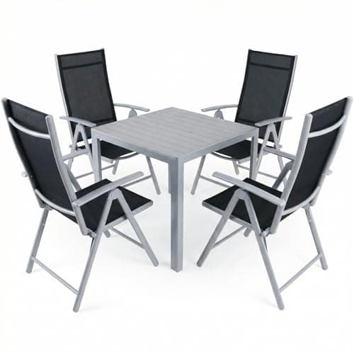 LIFERUN Juego de Muebles de Jardín 5 Piezas de Aluminio, Mesa de WPC y 4 Sillas Plegables, Respaldo Alto, Resistente a la Intemperie para Terraza y Exterior, Gris Completo