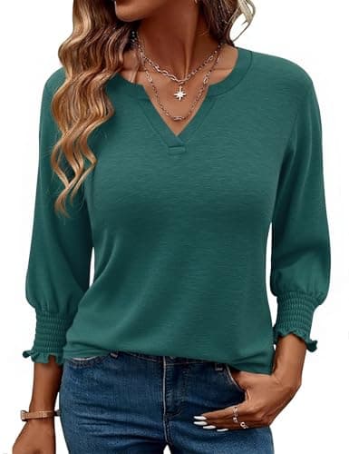 Gyabnw Camiseta Mujer de Manga 3/4 con Cuello en V Plisada Blusa Elegante e Informal Básica Tops para Uso Diario