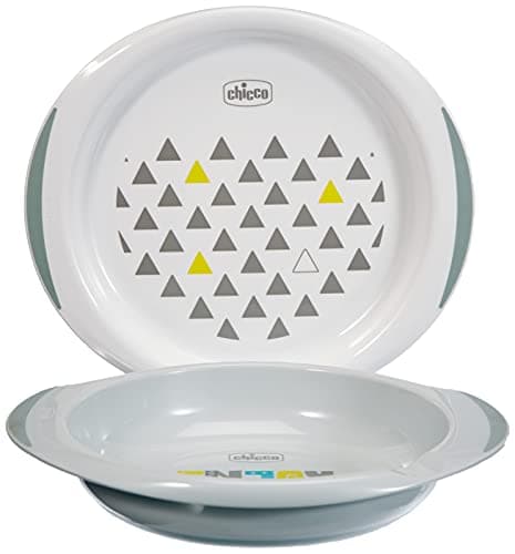 Chicco Set 2 Platos, Juego de platos reutilizables para bebés y Niños, 1 hueco y 1 plano, base y asas antideslizantes, toma ergonómica, reposamuñecas, accesorios de comida, 2 piezas, 12+ meses