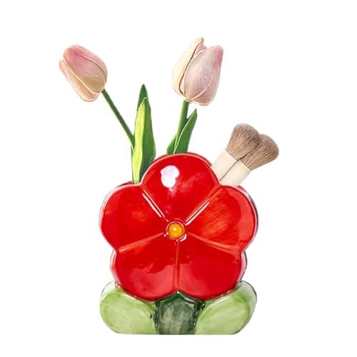 Organizador de Brochas de Maquillaje, Portalápices de Ceramica, Pequeño Jarrón de Cerámica Decorativos Portavelas Flor para Flor Vela Cepillo Cosmético Papelería (Rojo, 10.9L x 12.4H x 7.1W cm)