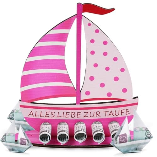 Aolso Regalos de Bautizo para Niños y Niñas con Cadena de Luces LED, Regalos para el Nacimiento de Un Bebé，Barco de Madera con Base, Regalo para Bautizo de Niño y Niña(Rosa)