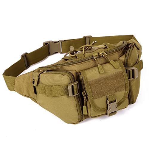 Huntvp Bolsa de Riñonera Mochila de Bandolera 2 Vías de Llevar Estilo Militar Táctical Bolsa de Múltiple Función Impermeable para Aire Libre Correr Senderismo Ciclismo Camping, Marrón-L