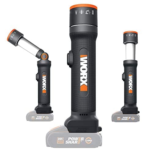 WORX WX027.9 Linterna LED 4 en 1 20V Sin Batería, Alcance 80m, Cabezal Giratorio ±72°, Funciones Antorcha, Foco 360°, Lámpara y Señal SOS