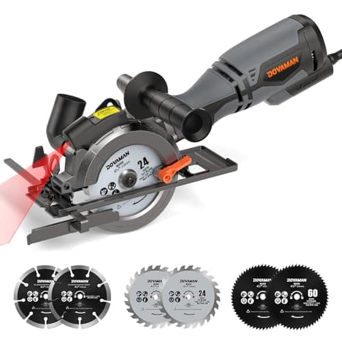 DOVAMAN Mini Sierra Circular con Láser, 710W, 3500rpm, Mango Auxiliar, 45° Corte en Bisel, Profundidad de Corte 29 a 43mm, 6 Hojas, para Madera, Metal Blando, Plástico, Azulejos-MCS01A