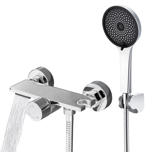 Auralum Grifo Bañera Monomando Latón Efecto Cascada con Alcachofa de Ducha 5 modos y Flexo Ducha de Acero Inoxidable 1.5m pare Bañera y Baño, Chrom