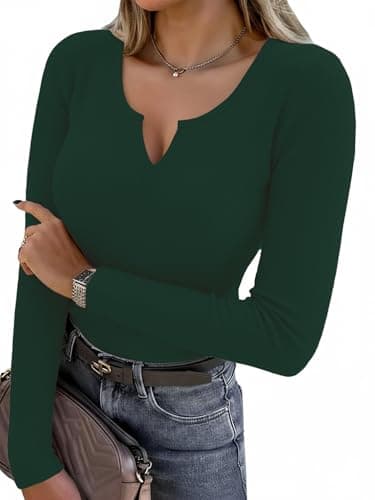 Aottori Camiseta Basica Mujer Manga Larga Camisetas Cuello en V Elegante Acanalada Punto Blusas Elástico Ligero Liso Casual Túnica Top Verde L