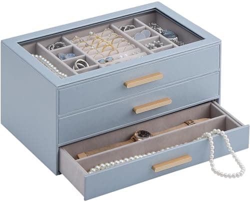 Lolalet Caja Organizadora de Joyas de 3 Niveles con Tapa de Vidrio, Joyero para Anillos Pendientes Pulseras y Collares, Estuche de Almacenamiento para Mujer y Niña, Regalo Elegante – 3 Capas, Azul