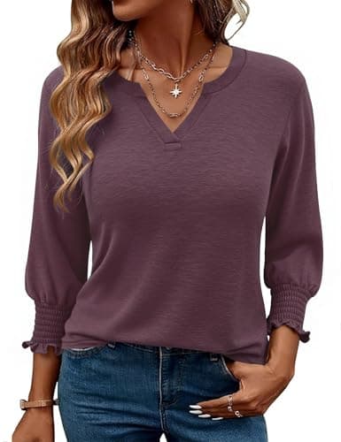Gyabnw Camiseta Mujer de Manga 3/4 con Cuello en V Plisada Blusa Elegante e Informal Básica Tops para Uso Diario
