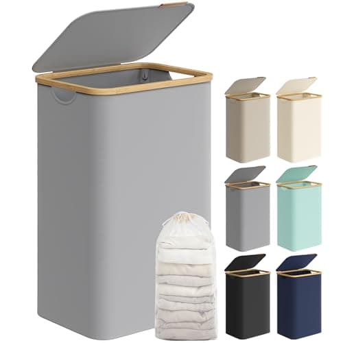 SONGMICS - Cesta para ropa fina con tapa, 90L, ahorro de espacio, forro de malla extraíble, tela Oxford, asas de bambú, plegable, 42 x 32 x 70,5 cm, gris tórtola LCB509G01