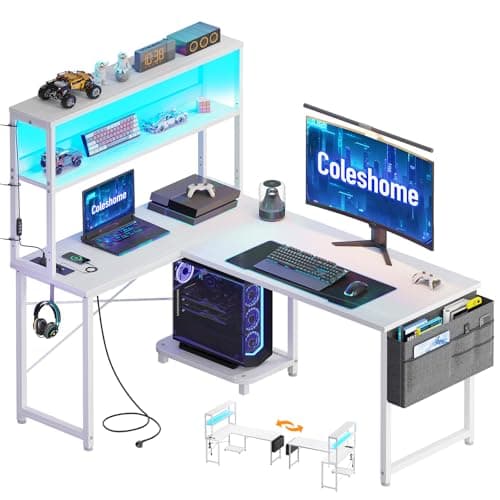 Coleshome Escritorio Gaming en L con LED y Enchufes, 110 × 80 cm Escritorio Gamer Reversible con Estantes, Escritorio Esquinero con Bolsa de Almacenamiento y Gancho para Jugadores, Blanco