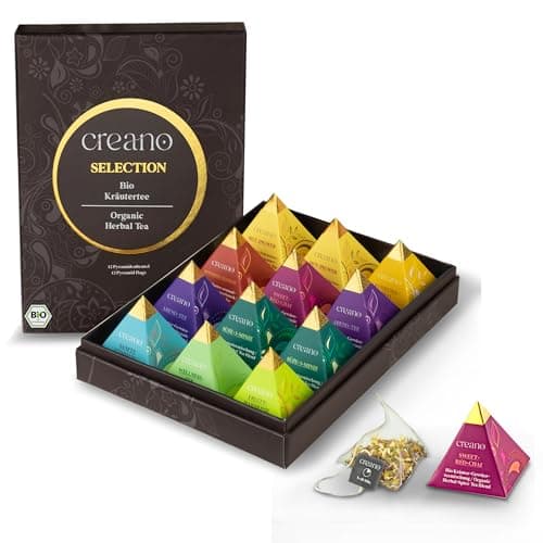 Creano Set de Regalo de Té Bio Premium Pyramide Infusión de Hierbas y Té Verde con 14 Bolsitas Piramidales en 9 Variedades Surtidas *