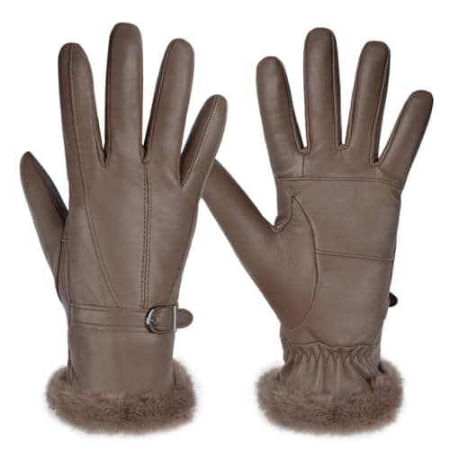 Harssidanzar Guantes de cuero para mujer Guantes térmicos de invierno Guantes elegantes SL022EU,Marrón,Talla M