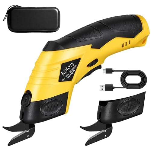 Kolozy Tijeras Eléctricas Costura sin Cable, Cortador de Carton Recargable 4V Batería 2500 mAh 10000 RPM con 2 Cuchillas, Cutter Eléctrico Apto para Tela Cartón Alfombras Fieltro Cuero Plástico