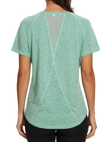 Gyabnw Camiseta Deportiva para Mujer Camisetas de Gimnasia Espalda Malla Ajuste Holgado Yoga Camiseta para Correr Ligera Que Absorbe la Humedad Cuello Redondo Manga Corta para Damas