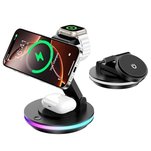Cargador mag Safe, Estación de Carga 3 en 1 para Apple Watch y iPhone, Plegable, Giratorio con Ajuste de Luz, Cargador Inalámbrico Soporte de Carga para iPhone 16/15/14, AirPods (Sin Adaptador)-Negro