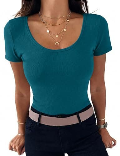 Aottori Camisetas Manga Corta Mujer Verano Cuello Redondo T Shirt Básica Acanalado Blusas tee Shirts Elegante Elástico Sólido Ligero Casual Túnica Tops Azul Eléctrico XS