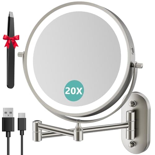 Auxmir Espejo Maquillaje con Luz 20X/1X Aumento 3200mAh Doble Cara Giratorio 360, Espejo Baño Pared Extensible Táctil con USB, 3 Colores Brillo Regulable, para Hotel, Níquel
