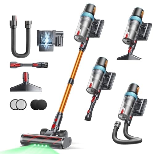 50KPA/600W Aspiradora sin Cable, 65Min(ECO) Aspiradora Vertical Escoba Potente, Incluye Manguera de 1M y Anti-Enredo Cepillo, Modo Automático, Función Aromática, para Mascotas/Suelos/Alfombras/Coche