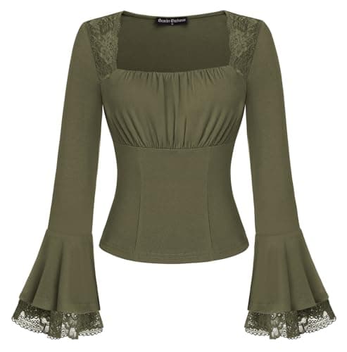 SCARLET DARKNESS Blusa de encaje victoriana ajustada gótica Y2K, cuello cuadrado, busto fruncido, camisas de manga larga, verde oliva, S