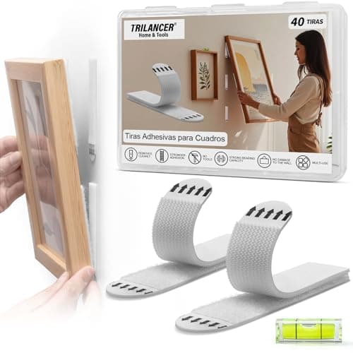 Trilancer Tiras Adhesivas para Marcos 20 Pares (40 Tiras)–Fijación sin Daños y Retirable,Sin Clavos ni Herramientas,Adhesivo de Alta Resistencia,Decoración y Arte de Pared,Para Superficies Lisas