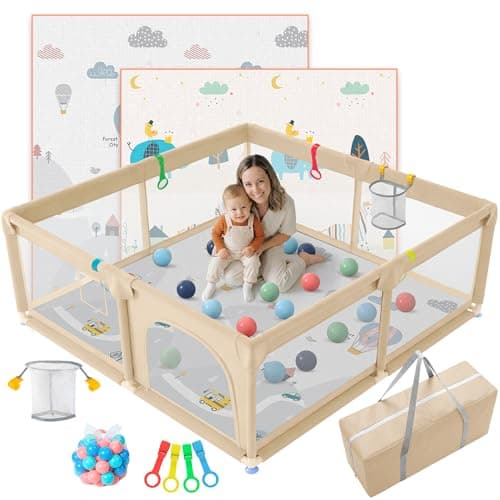 JUPPLIES Parque Infantil Bebe 120x120cm + Alfombra Bebe + Agarraderas + Canasta + 50 Bolas + Bolsas de Transporte | Corralito Bebe con Malla Transpirable (Beige)