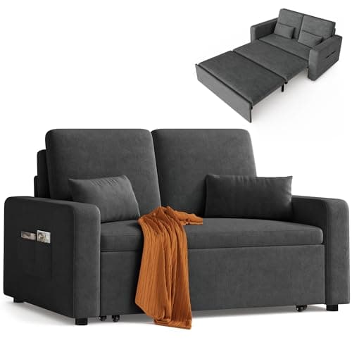 Xbro Sofa Cama 2 Plazas, Sillón Convertible 3 en 1 con Cama, Dos Bolsillos de Almacenamiento, Tapizado en Terciopelo, 147 x 196 x 87cm, Incluye Dos Cojines,Gris Oscuro