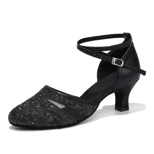HIPPOSEUS Zapatos de Baile Latino Mujer 5 cm Tacon Bajo Negro Lentejuelas de Salón Cerrados Salsa y Bachata Tango Calzado para Bailar, 35 EU