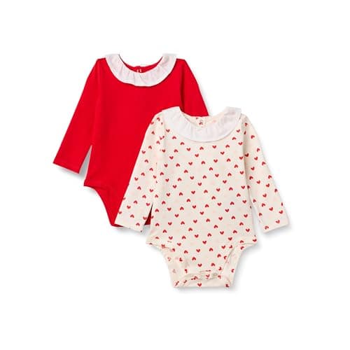 Amazon Essentials x Sofia Grainge Bodi de Manga Larga con Cuello con Volantes Bebé Niña, Pack de 2, Corazones/Rojo, 0 meses