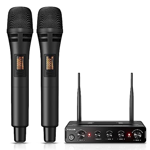 TONOR Micrófono Inalámbrico, Dual Mic UHF Sistema de Micrófono Dinámico de Mano con Receptor, Compatible con Amplificador, Sistema PA,para Karaoke Domestico/Boda/DJ/Fiesta/Iglesia,60M, Negro,TW350