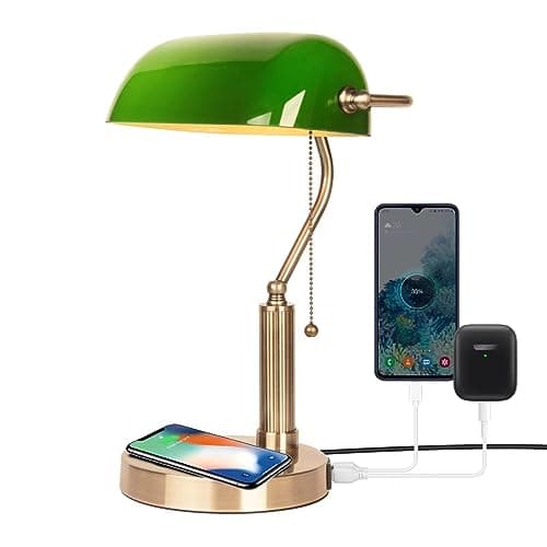 FIRVRE Verde Lámpara de Escritorio de Vidrio E27 Lámpara de Mesa Clásica con Puerto USB de Carga Inalámbrica Interruptor de Cadena de Latón Vintage Lámpara de Mesilla de Noche para el Hogar Oficina