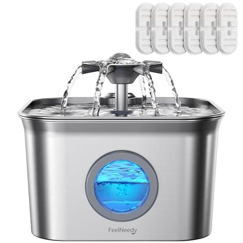 2.8L Fuente para Gatos Acero Inoxidable con 6 Filtros, FEELNEEDY Bebedero Gatos Ultra Silencioso, Filtración de Cuatro Capas, Fácil de Limpiar, Apta para Lavavajillas