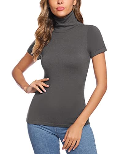 Totatuit Camiseta de Punto Manga Corta Mujer Básica Top de Cuello Alto Mujer Casual Slim Fit Suéter Blusa Turtleneck Tops Ligero Shirt Gris Oscuro S