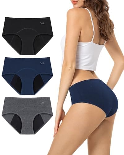 TANSTC Bragas Menstruales Mujer Algodon 60ML Protección Hygiénia Absorbente y Lavable, Ropa Interior Mujer Ecológica y Reutilizable para la Menstruación, Negro+Azul+Gris, Pack de 3, L