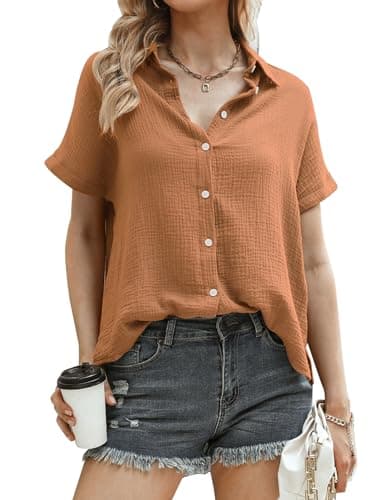 Aottori Blusas Manga Corta Mujer Verano Básico Blusa Camisetas Cuello en V Túnica Tops Elegante Algodón Sueltas Casual Camisa Shirts con Botones Marrón S
