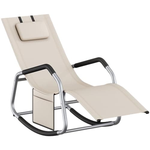 SONGMICS Mecedora, Silla Tumbona, con Dispositivo de Fijación, Cojín Ajustable, Marco de Acero, Tela Transpirable, Bolsillo de Almacenaje, 151 x 56,2 x 97,3 cm, Beige GCB230WZ01