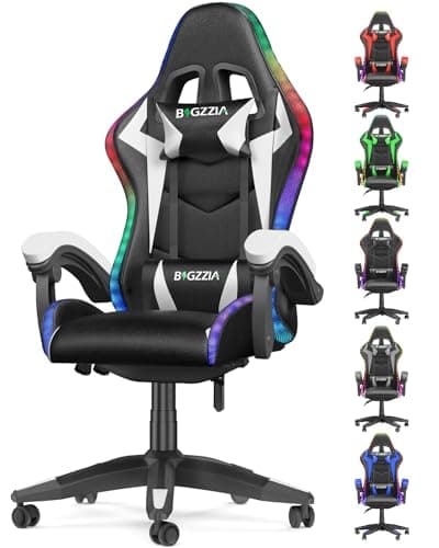 bigzzia Silla Gaming con Luces LED,Silla Ergonómica Gaming,Altura Regulable Silla con Apoyo Lumbar y Reposacabezas, Respaldo Inclinable hasta 155° (Utilización RGB, Blanco)