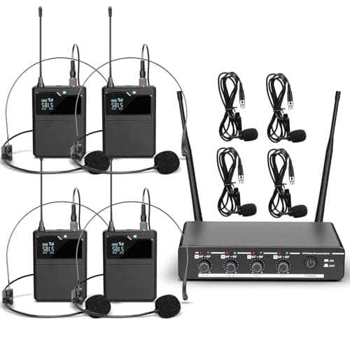 Depusheng R6 Juego de micrófono inalámbrico de 4 Canales con micrófono Lavalier y micrófono Auricular, Receptor de Metal, Ideal para Cantar, Karaoke, Fiestas, Bodas