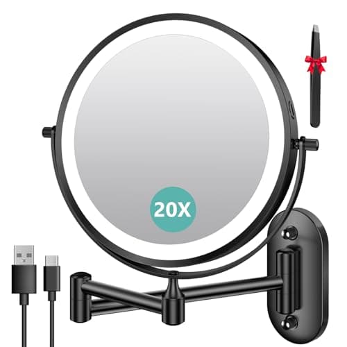 Auxmir Espejo Maquillaje con Luz 20X/1X Aumento 3200mAh Doble Cara Giratorio 360, Pared Extensible Baño Táctil Recargable USB, 3 Colores Brillo Regulable, Negro