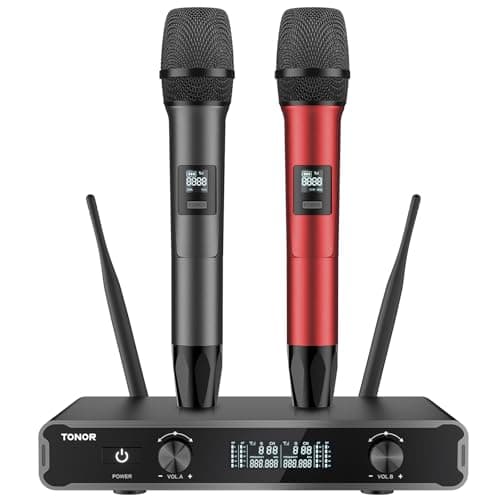 TONOR Micrófonos inalámbricos, Micro de Mano Doble Dinámico, Karaoke Sistema de Mic con Receptor para Karaoke, KTV doméstico, DJ, Boda, Fiesta, Iglesia, 2x5 UHF Frecuencias Ajustables, 60M Rojo Gris