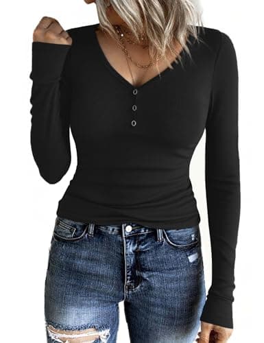 Aottori Camiseta Manga Larga Mujer Cuello en V Camisetas Elegante Punto Acanalado Blusas con Botones Ajustado Elástico Básico Túnica Top Negro XS