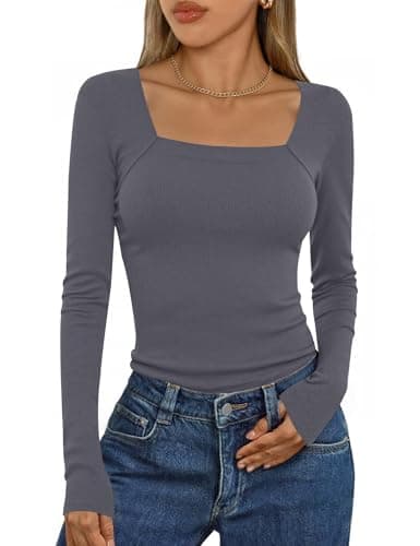 Aottori Camiseta Manga Larga Mujer Básica Cuello Cuadrado Tops de Punto Acanalado Camisas Casual Elegantes Ajustada Elástica Ligera Camisetas Capa Interior tee Shirts Gris XXL