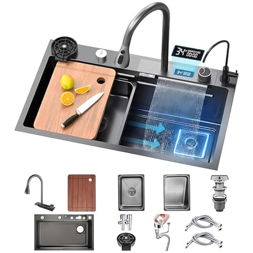 KOOGIMDDR Fregadero de cocina con cascada, 80 × 45 cm, grifo de cascada LED, tabla de cortar deslizante y lavavajillas de alta presión, compacto y multifuncional