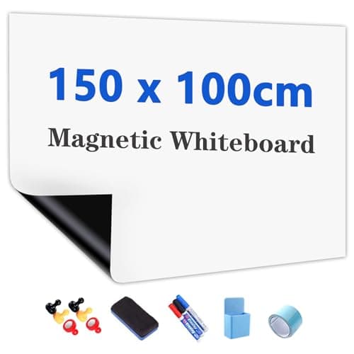 JOMUSAGA Rollo de Pizarra Blanca Magnética, 150 x 100 cm, Papel Pizarra Adhesiva para Pared, Whiteboard adecuado para Escuela, Familia y Oficina, con Rotuladores, Borrador e Imanes