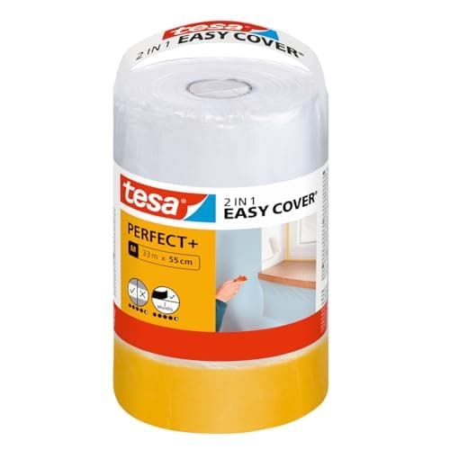 tesa Easy Cover Perfect+ Repuesto Mediano - Plástico Protector 2en1 con Cinta de Carrocero de papel Washi - Para Enmascarar y Cubrir Durante los Trabajos de Pintura - 33 m x 55 cm