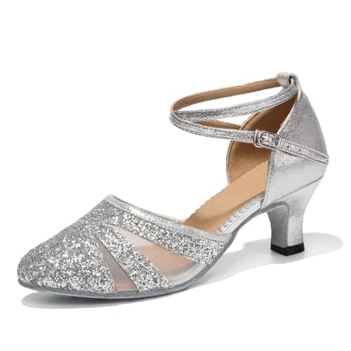 HIPPOSEUS Zapatos de Baile Latino Mujer 5 cm Tacon Bajo Plateado Lentejuelas de Salón Cerrados Salsa y Bachata Tango Calzado para Bailar, 35 EU