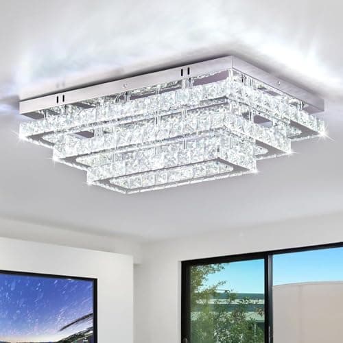 Finktonglan Moderno Cristal LED Luz de Techo 20 Pulgadas Rectangular Flush Mount Lámparas de Techo de 3 niveles de acero inoxidable Lámpara de techo Accesorios para Sala de Estar Comedor