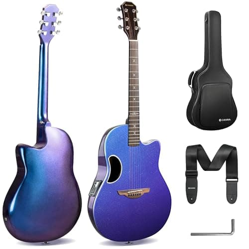 CAHAYA Kits de Guitarras Electroacustica – Guitarra de Color Azul Degradado con Material de Fibrade Carbono Equipada con Un Pastilla Incorporado con Funda de Actuación y Correa de Guitarra Ideal para