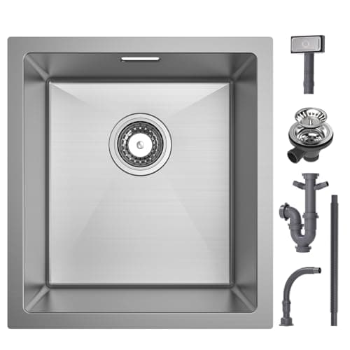 CECIPA Fregadero Cocina 1 Seno 40x44cm, Fregadero bajo Encimera o Sobre Encimera, Fregadero Pequeño Rectangular, Fregadero Cocina de Acero Inoxidable con sifón, Juego de Desagüe