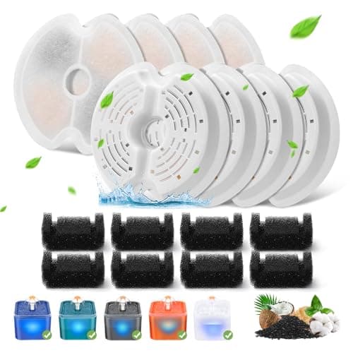 Filtro Fuente de Agua Gato, 8 Piezas de Filtro de Repuesto para Fuente de Gato 67oz/2L con iluminación Nocturna LED, 8 filtros con carbón Activo y 8 filtros de Espuma para 2L Fuente Gato Perro