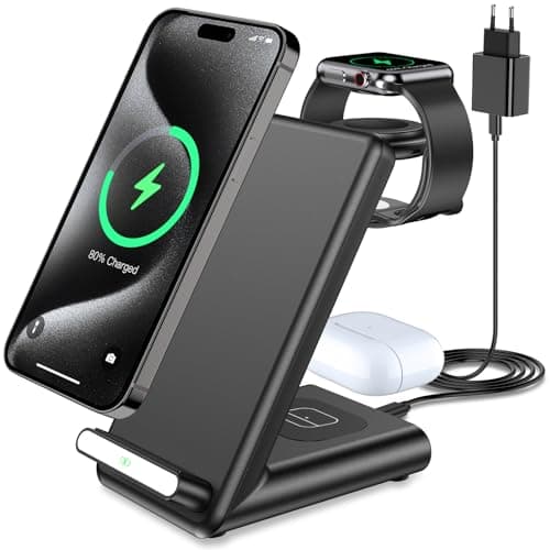 Cargador Inalámbrico 3 en 1, Soporte de Carga Rápida para iPhone 17 16 Pro Max/15 14 13 12 11 Serie/17 Air/XS, Estación de Carga Inalámbrica para Apple Watch Ultra 11 10 9 8 7 6 SE 5 4 y Air Pods Pro
